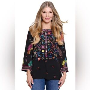 JOHN MARK EMBROIDERED FRONT BUTTON BLACK TUNIC